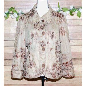 Ladies BEREK Animal Print Jacket Size L Lined Button Front Ruffle Brown Copper